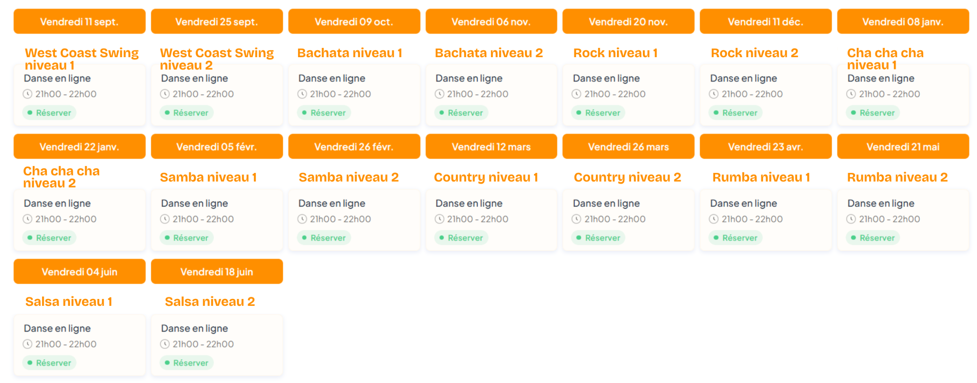 planning danse en ligne castanet tolosan salsa bachata rock kizomba danses de salon west coast swing 2026 2027